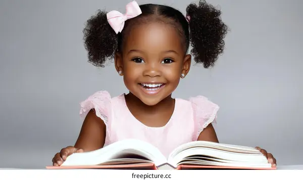 Smiling African Girl Reading a Book