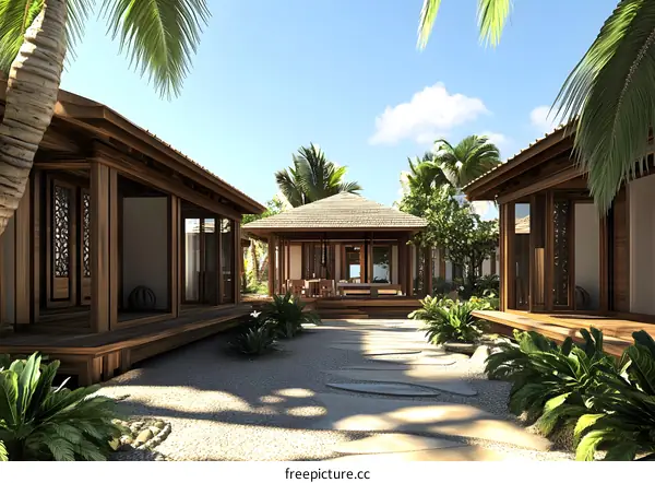 Tropical Wooden Cabins in a Lush Garden