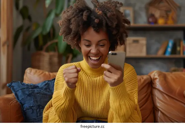 Happy African American woman celebrating her success while using smartphone at home