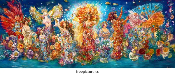 Fantasy Art Painting with Seven Women in Flower Garlands