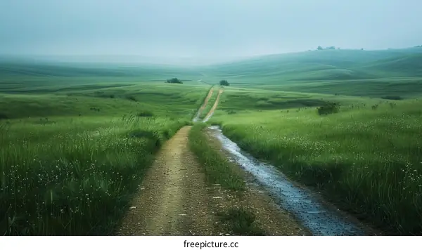 Country road through a lush green field