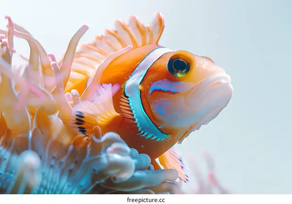 A stunning close-up of a clownfish in its anemone home.