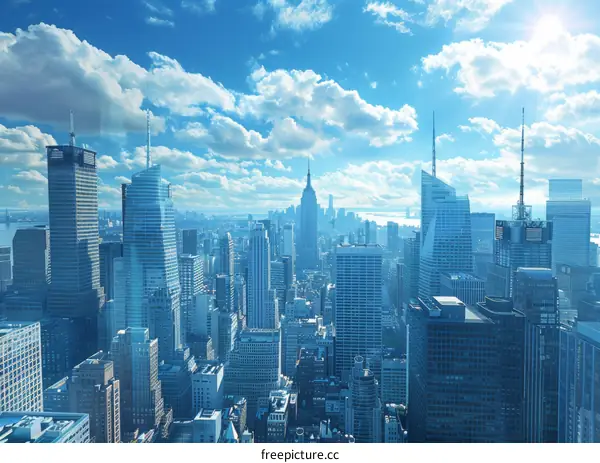 New York City Skyline: Soaring Skyscrapers and a Bright Blue Sky