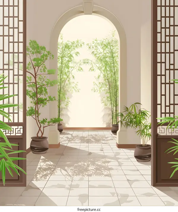 Traditional Chinese Courtyard Design With Arch And Plants