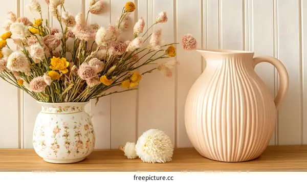 Dried Flower Arrangement in a Ceramic Vase and a Pink Jug on a Wooden Shelf