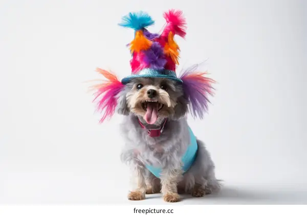A dog wearing a colorful hat and vest