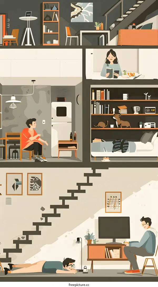 Four People Living in a Modern Apartment Illustration