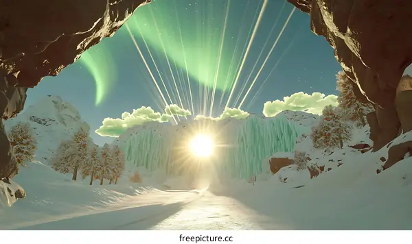 Winter Landscape with Aurora Borealis and Frozen Waterfall