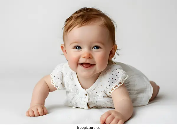 Smiling Baby Girl in White Dress on White Background