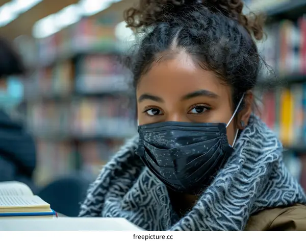 Young woman wearing a mask in a library