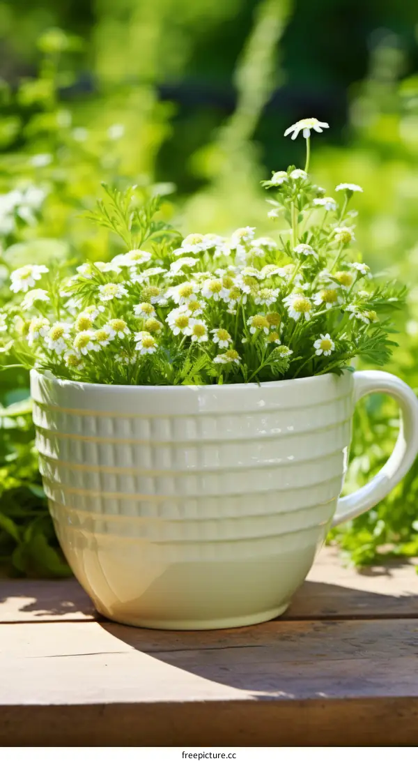 A cup of chamomile flowers on a wooden table