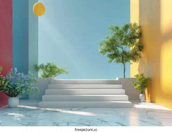 3D rendering of a surreal colorful room with a podium and a tree