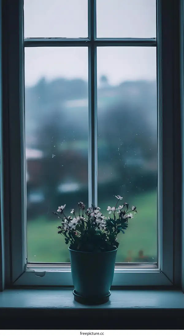 Potted Flowers On A Window Sill Overlooking A Green Field