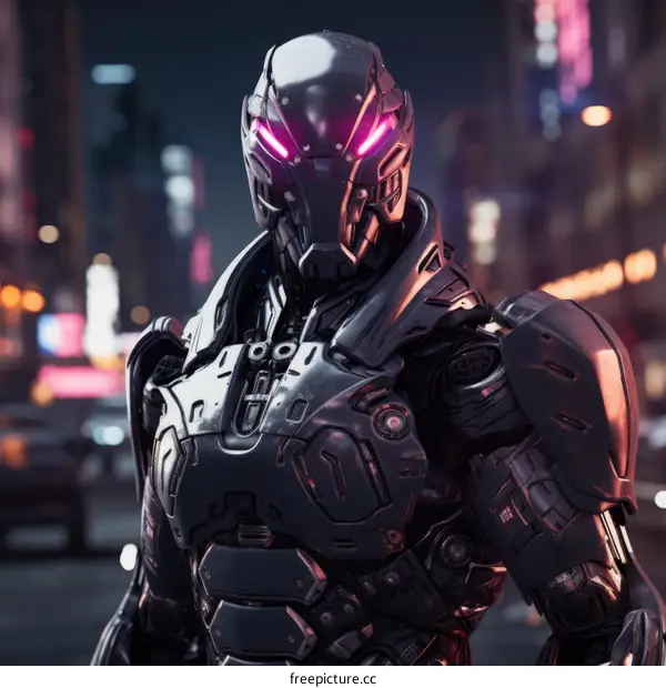 A dark and mysterious figure stands in the middle of a futuristic city.