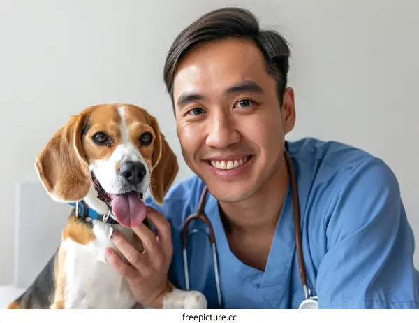 Asian male veterinarian smiling with a beagle dog