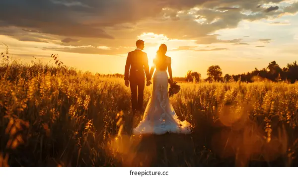Newlyweds walking through a field of wheat at sunset