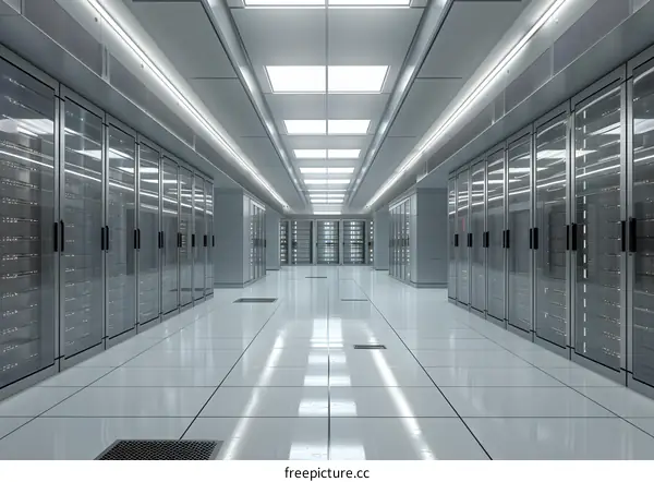 Futuristic data center with rows of server racks