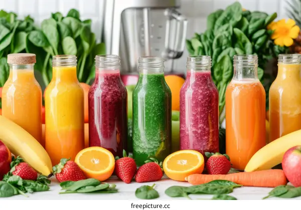 A variety of fresh fruit and vegetable juices in glass bottles