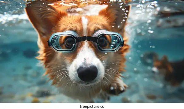 A cute corgi dog wearing swimming goggles swims underwater in a pool