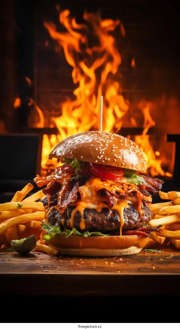 A delicious cheeseburger with bacon and fries