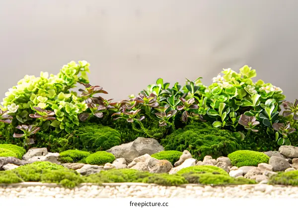 Green Moss and Small Plants on Grey Background
