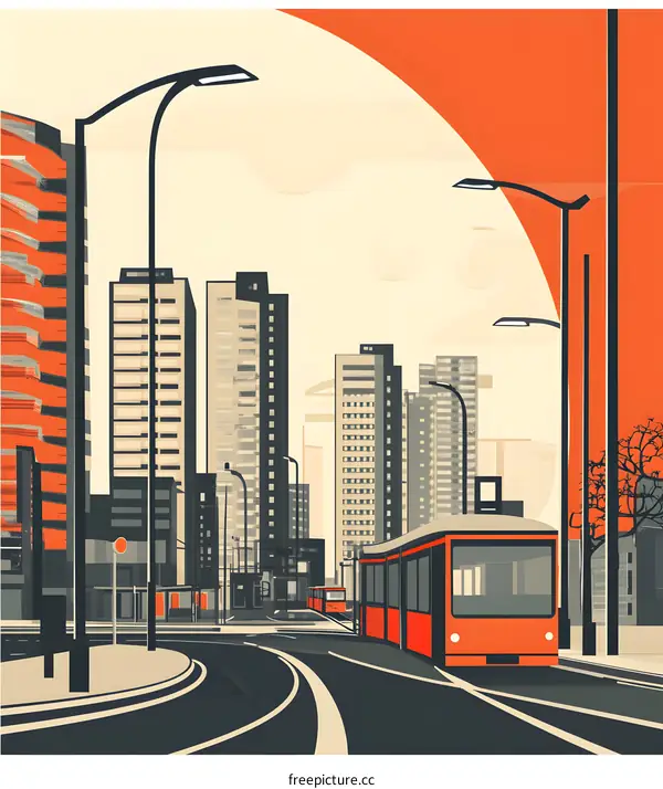 Cityscape with Red Tram in the City