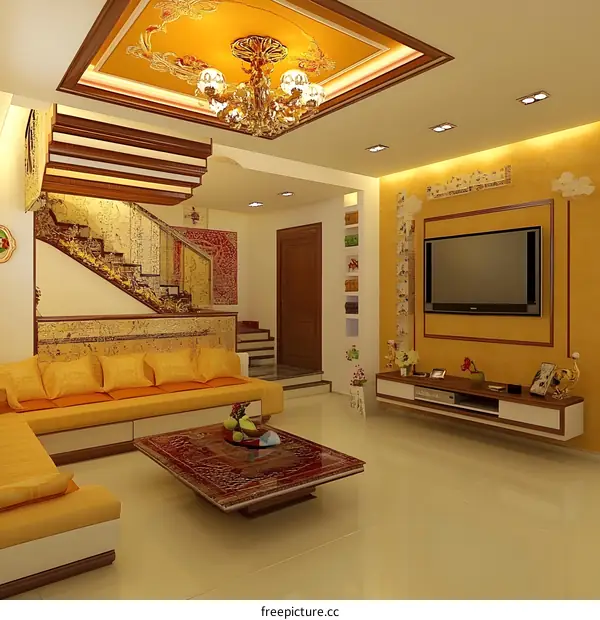 Luxury Living Room Interior Design With Yellow Walls