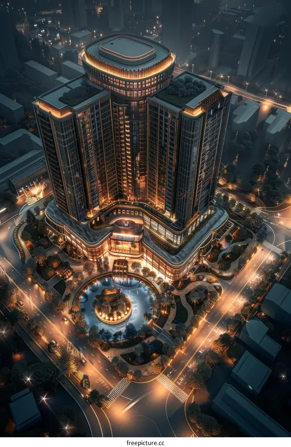 Night Aerial View of Modern Building with Illuminated Lights