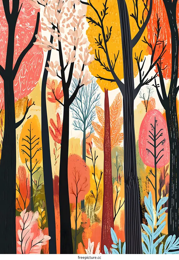 Autumn Forest Illustration with Colorful Trees