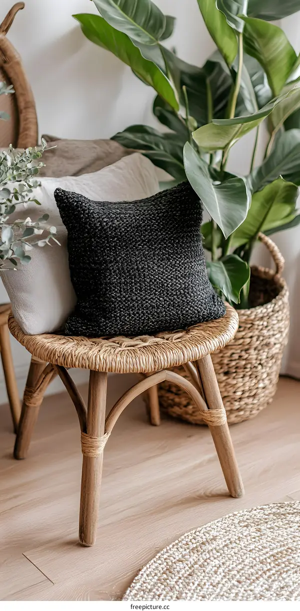 Black Pillow on Wicker Stool with Tropical Plant in Basket