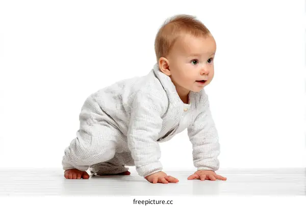 Adorable Baby Crawling on White Background