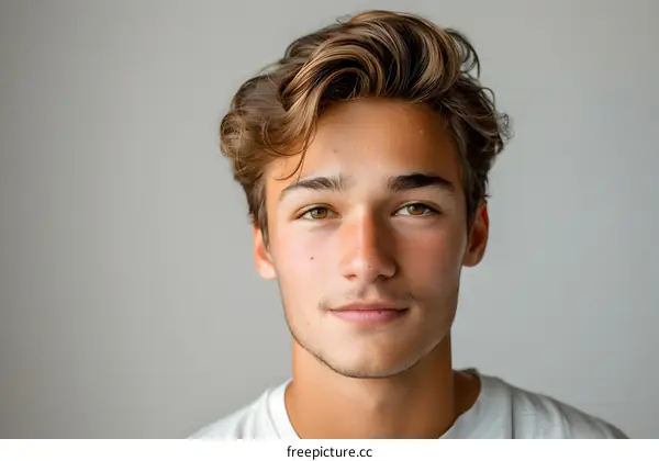 Portrait of a young man with brown hair and green eyes