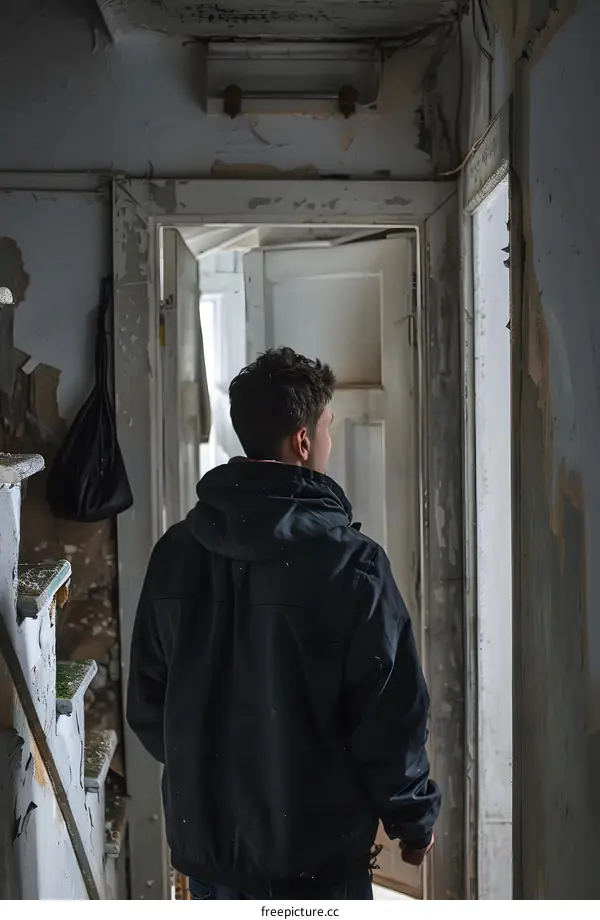 Man Standing in a Rundown Hallway Looking Through a Doorway
