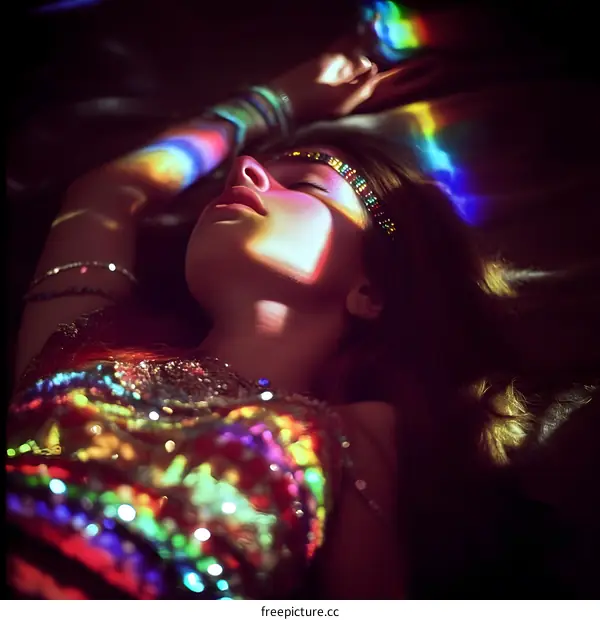 Woman Sleeping in Bed with Rainbow Light