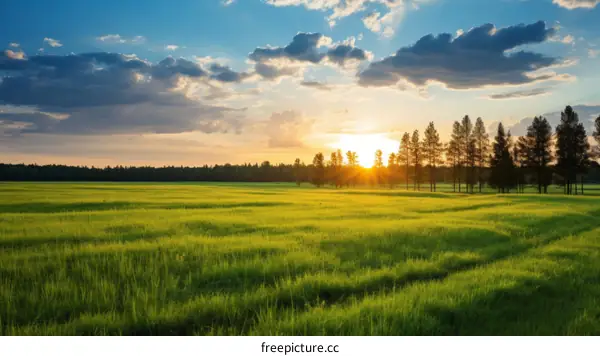 Vibrant Green Grassland Landscape with Sunset and Trees