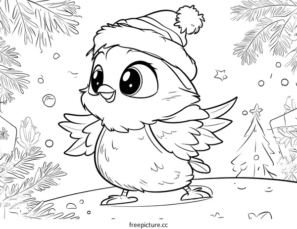 Cute Cartoon Bird Wearing Santa Hat In Winter