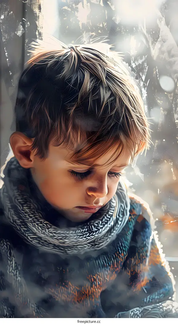 sad boy looking out the window