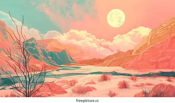 Pink And Teal Mountains Landscape With Full Moon