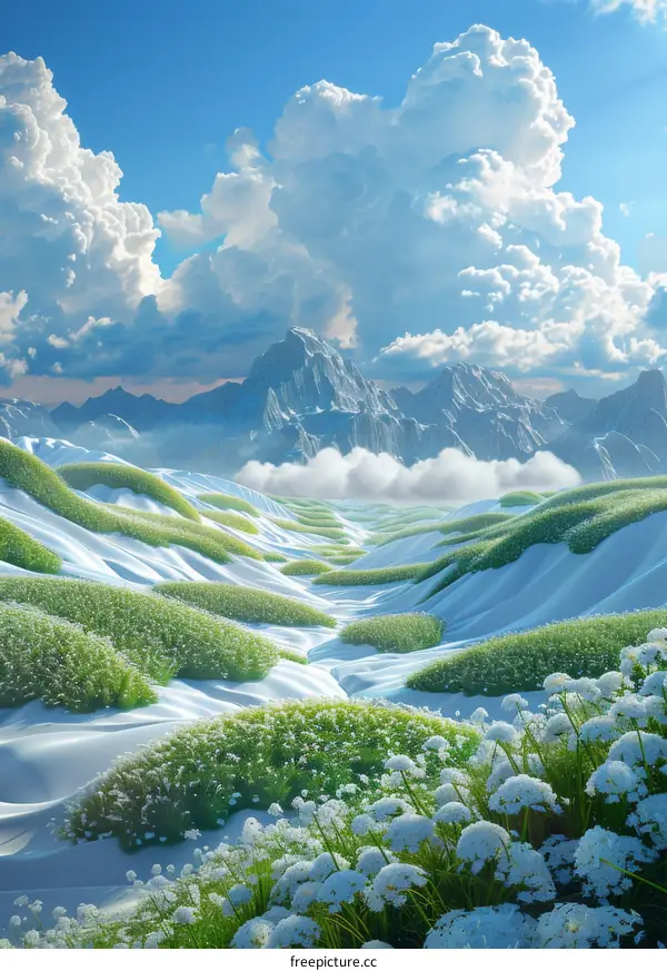 Magnificent Green Plants Against a Snowy Mountain Valley
