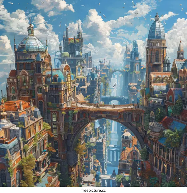 Aerial View of a Fantasy City with Lush Greenery