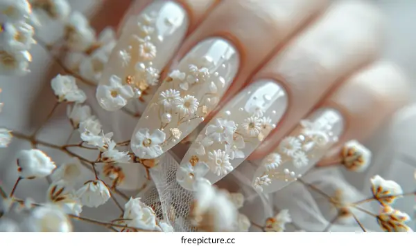 Close-up of a hand with a beautiful floral nail design
