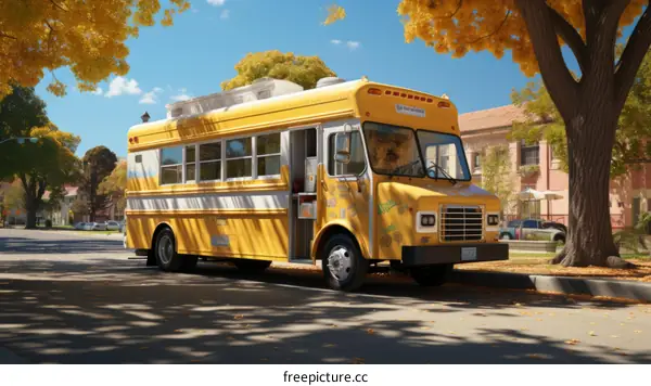 A yellow food truck is parked on a street with yellow trees.