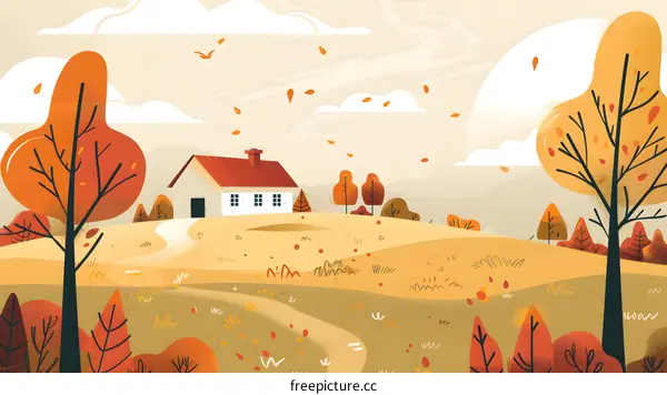 Autumn Landscape Illustration With House and Trees