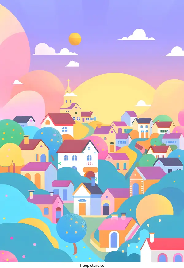 Colorful Houses and Hills Illustration