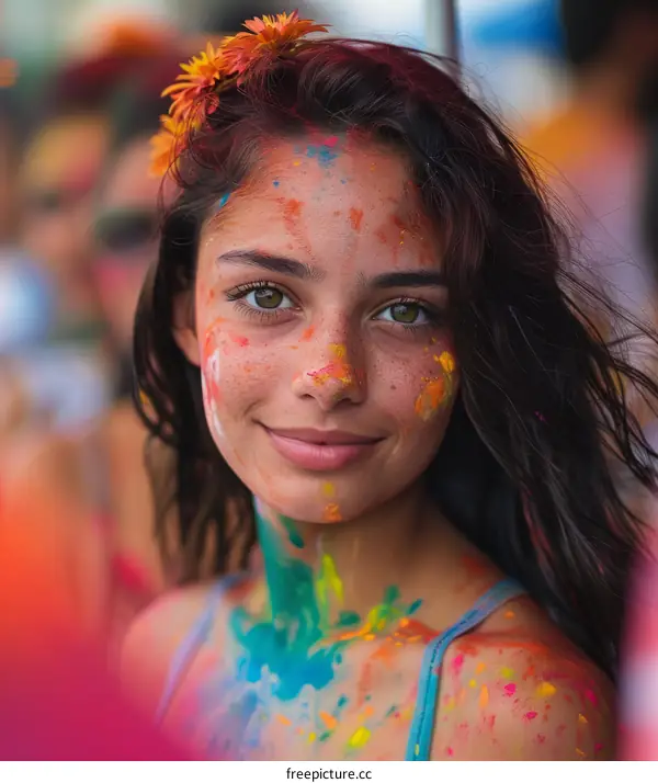 Close-up portrait of a young woman with colorful paint on her face