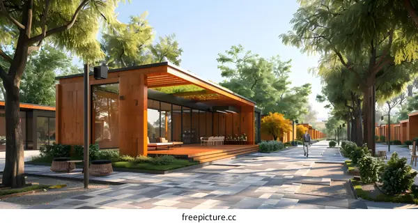 Courtyard house with wooden pergola and large glass windows surrounded by trees