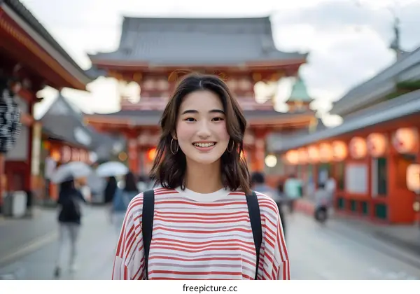 Smiling Asian Woman in Front of a Temple in Japan