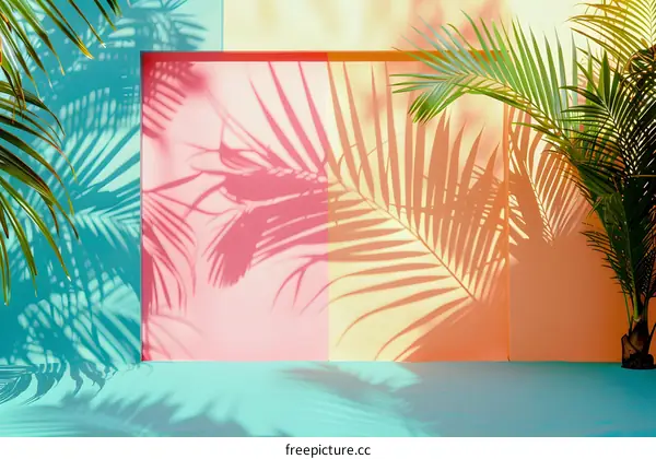 Tropical Palm Leaves Shadow On Pastel Wall Background