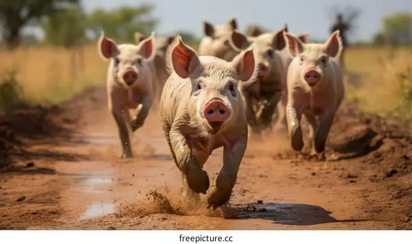 Muddy Fun: Domestic Pigs Running in a Field