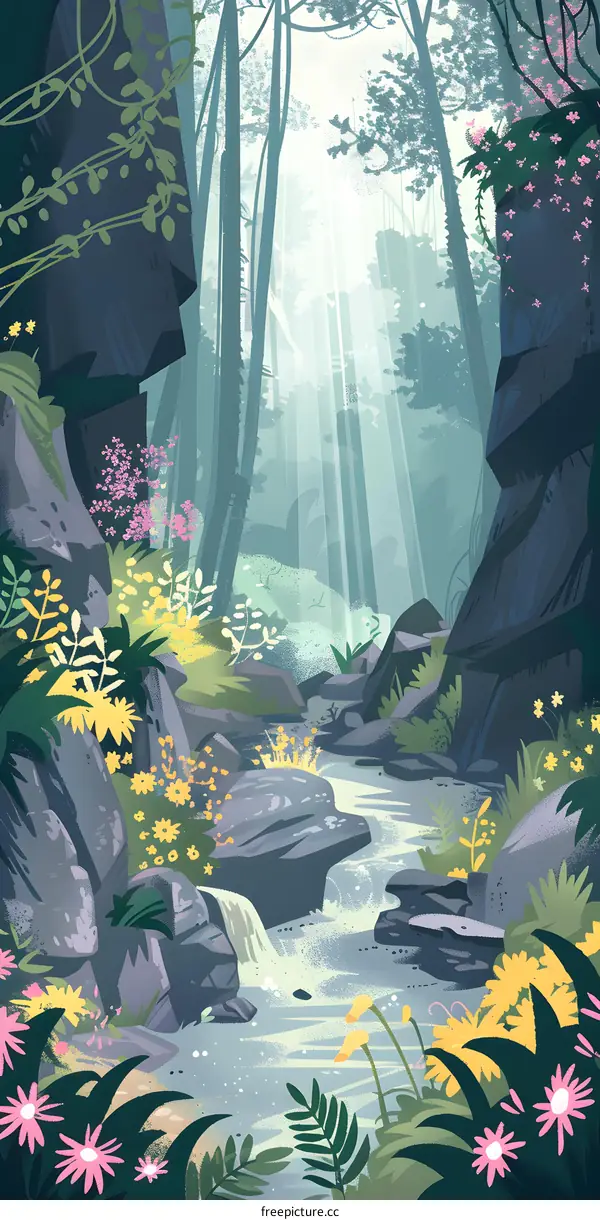 Forest Stream With Sunlight Shining Through Trees